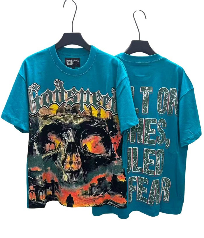 [Buy Two Get One Free]Flame Skeleton Ruined City Print Washed Version Tee 2 colors 28576259