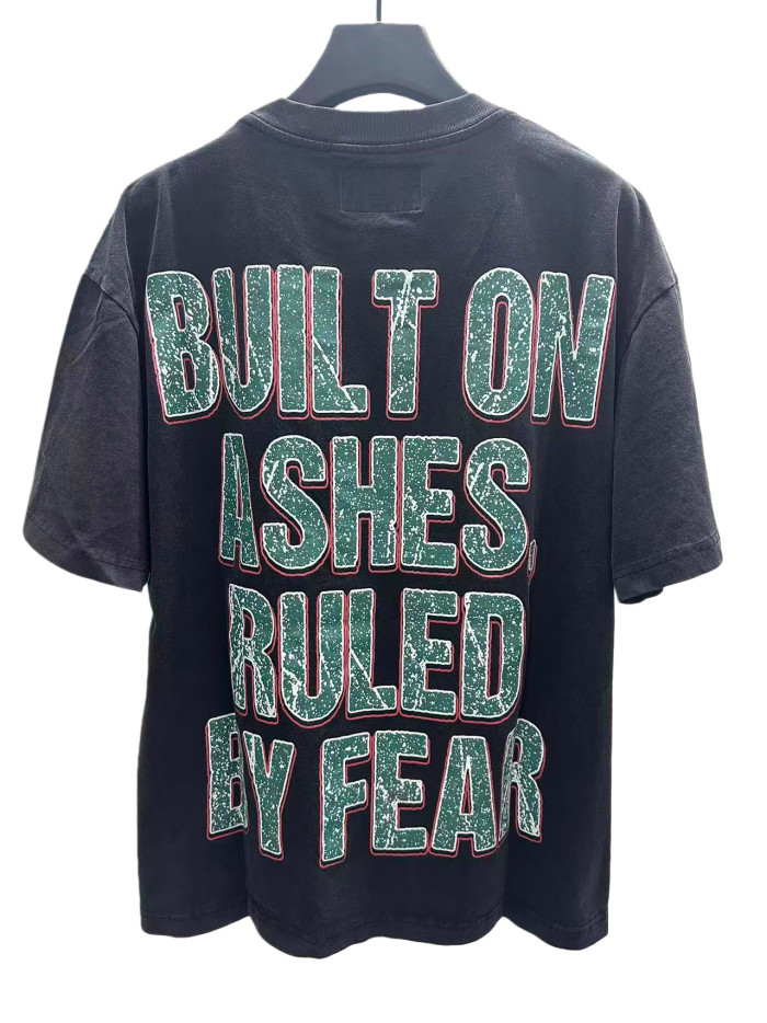 [Buy Two Get One Free]Flame Skeleton Ruined City Print Washed Version Tee 2 colors 28576259