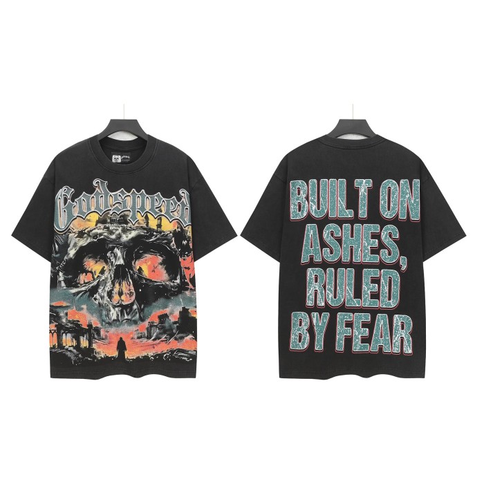 [Buy Two Get One Free]Flame Skeleton Ruined City Print Washed Version Tee 2 colors 28576259