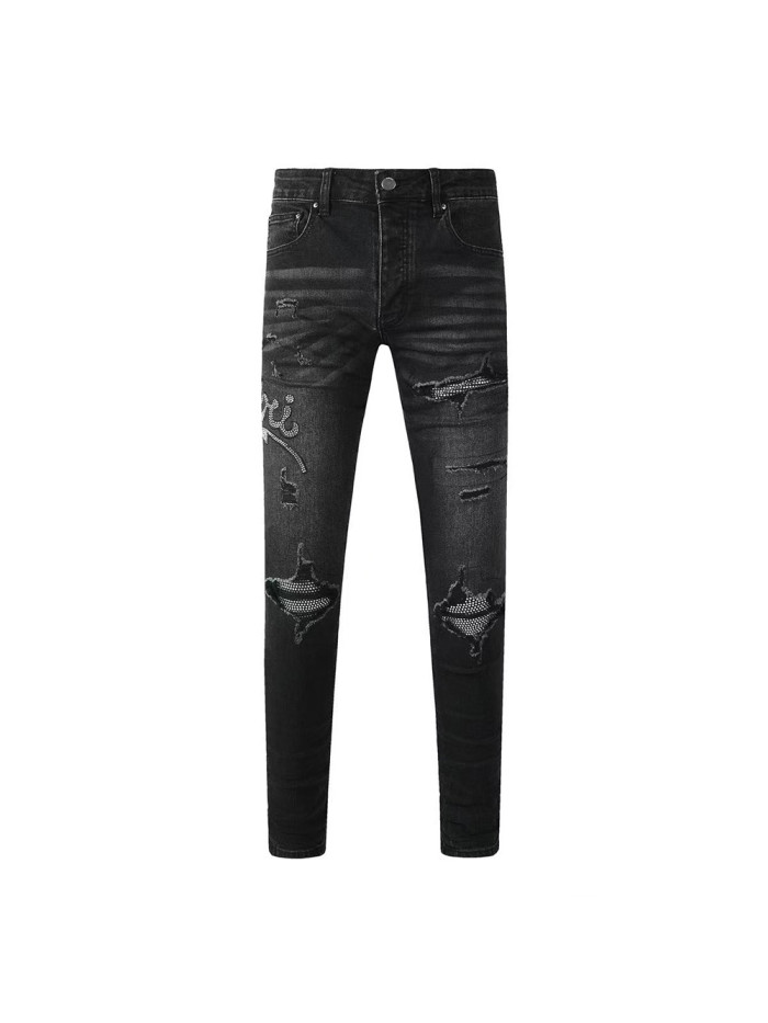   1:1 quality version Rhinestone Letter Distressed Jeans 28576300