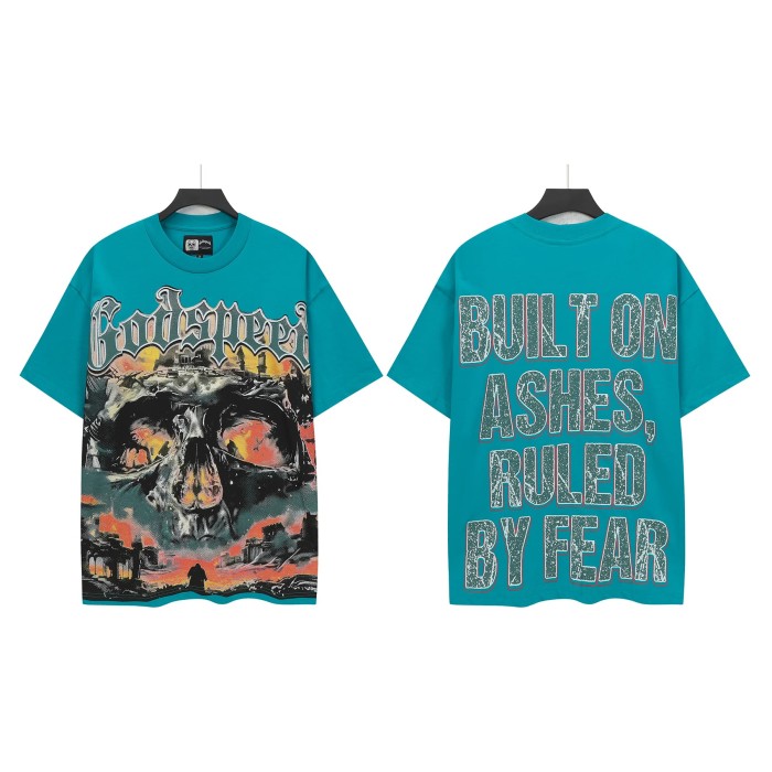 [Buy Two Get One Free]Flame Skeleton Ruined City Print Washed Version Tee 2 colors 28576259