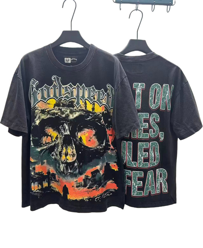 [Buy Two Get One Free]Flame Skeleton Ruined City Print Washed Version Tee 2 colors 28576259