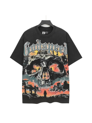[Buy Two Get One Free]Flame Skeleton Ruined City Print Washed Version Tee 2 colors 28576259