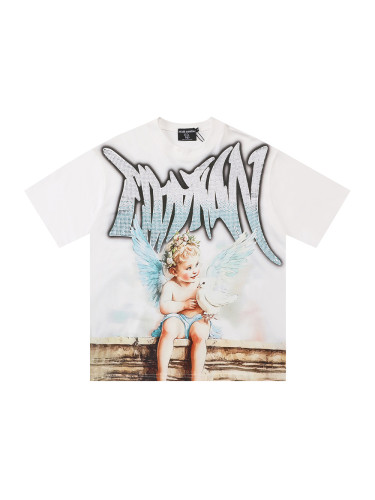 Blue and White Rhinestone Angel and Peace Dove Print Tee 28592925