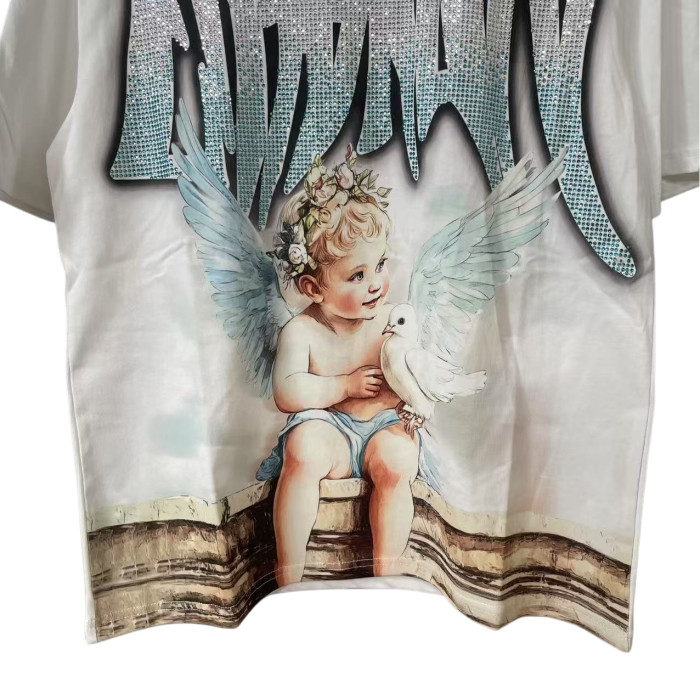 Blue and White Rhinestone Angel and Peace Dove Print Tee 28592925