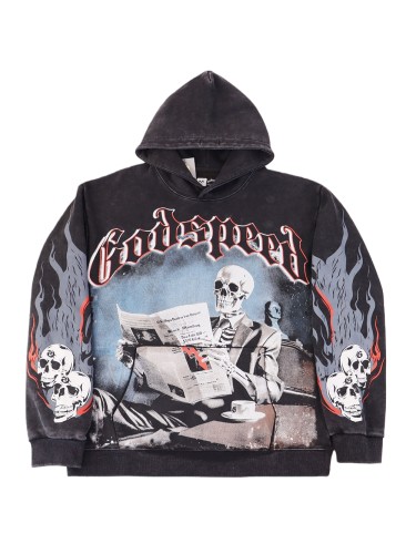 [Buy One Get One Free]Skull Reading Newspaper Print Washed Version Hoodie 2 colors 28598178