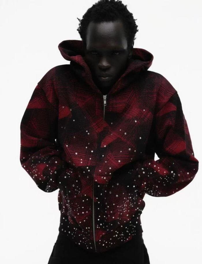 [Big & Tall for weights up to 220 lbs]1:1 quality version Red-Striped Checkered Scattered-Diamond Zipper Hoodie 28597856