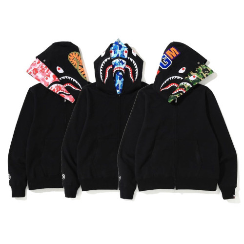 Two-Tone Camouflage Double-Hooded Fleece-Lined Shark Hoodie 3 colors 28602582