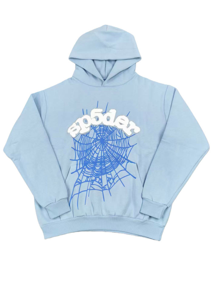 Light Blue Rhinestone Letter Print Hoodie 28621614