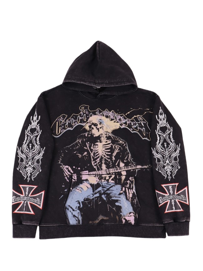 Skeleton Playing Guitar Print Washed Hoodie 2 colors 28620253
