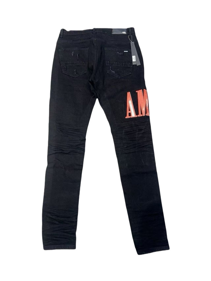  1:1 quality version Red-and-White Gradient Letter-Printed Distressed Jeans 28622653