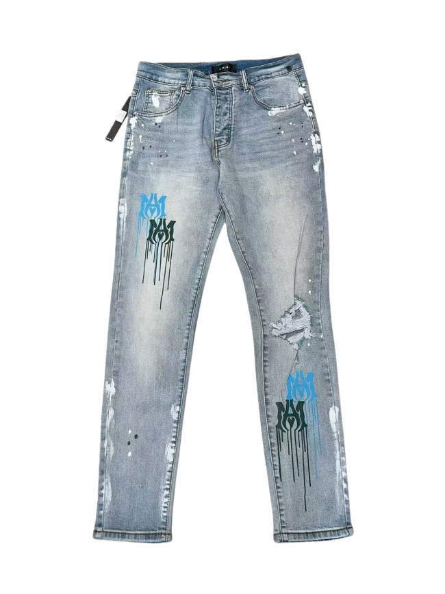  1:1 quality version Drip-Painted Distressed Denim Jeans 28624034