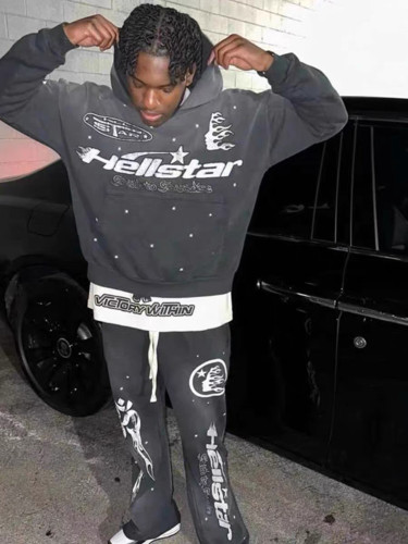 [Buy One Get One Free]Logo Star Print Washed Version Hoodie & pants set 28624690