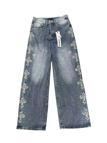 1:1 quality version Rhinestone Cross-Embellished Straight-Leg Jeans 28628174