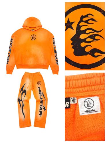 [Buy One Get One Free][Big & Tall for weights up to 260 lbs]1:1 quality version Back Big Logo Washed Orange hoodie & pants set with NFC tag