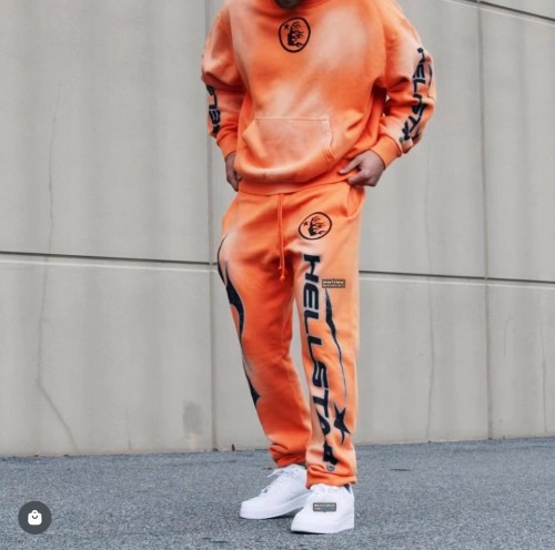 [Buy One Get One Free][Big & Tall for weights up to 260 lbs]1:1 quality version Back Big Logo Washed Orange hoodie & pants set with NFC tag