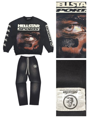 [Buy One Get One Free][Big & Tall for weights up to 260 lbs]1:1 quality version Half face frayed crew neck Sweatshirt & Pants Set with NFC tag