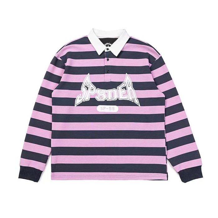 Vintage Polo Neck Striped Letter Print Long Sleeve T-shirt 28632500