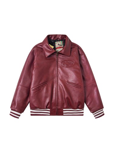 Wine Red Classic Embossed Hip-hop Leather Jacket 28635786
