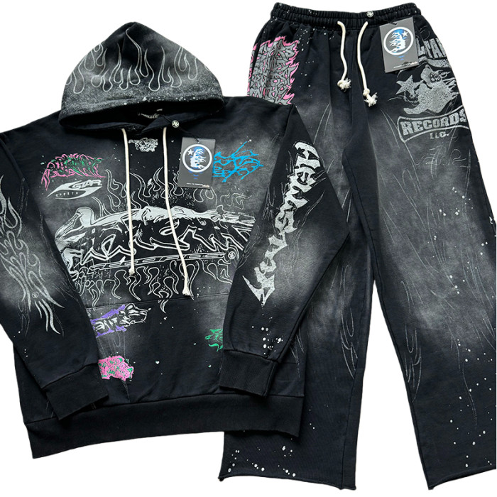 Letter Print Rhinestone Washed Version hoodie & pants set 28636630