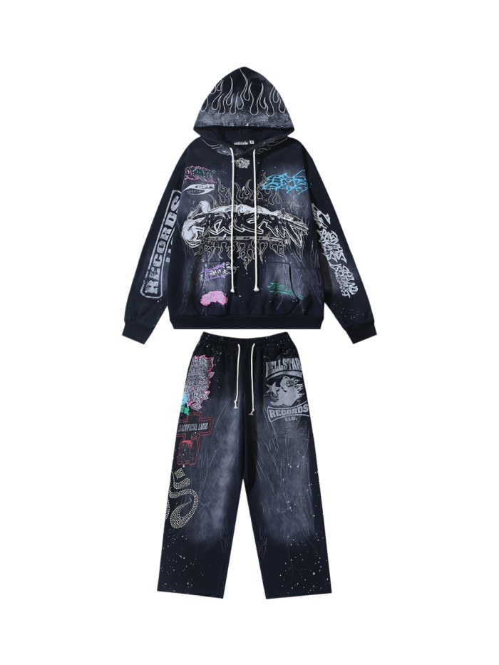 Letter Print Rhinestone Washed Version hoodie & pants set 28636630