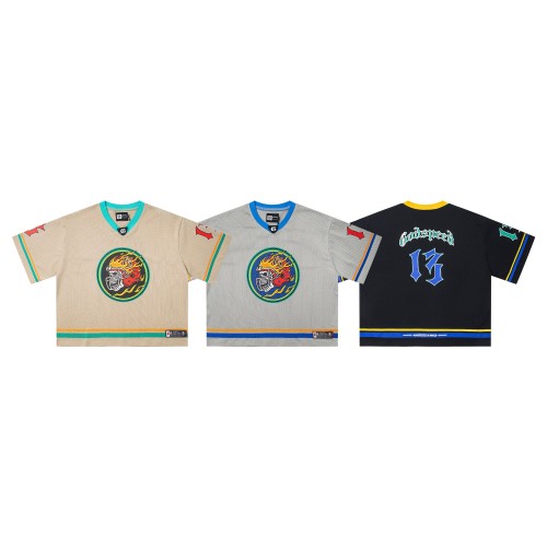 [Buy Two Get One Free]Baseball Skull Crew Print V-Neck Mesh Tee 3 colors 28636635