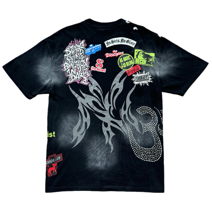 Rhinestone Letter Explosion Hairstyle Large Tongue Print Washed Version Tee 28636656