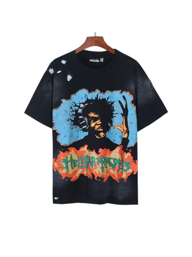 [Buy Two Get One Free]Color Rhinestone Letter Portrait Print Washed Version Tee 28636654