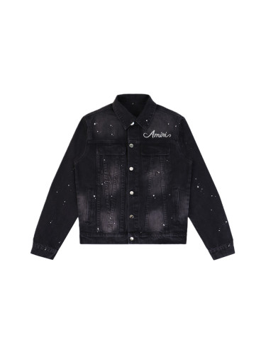 Embroidered Letter Splatter-Print Denim Jacket 28655980