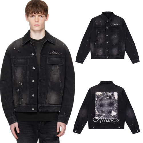 Embroidered Letter Splatter-Print Denim Jacket 28655980