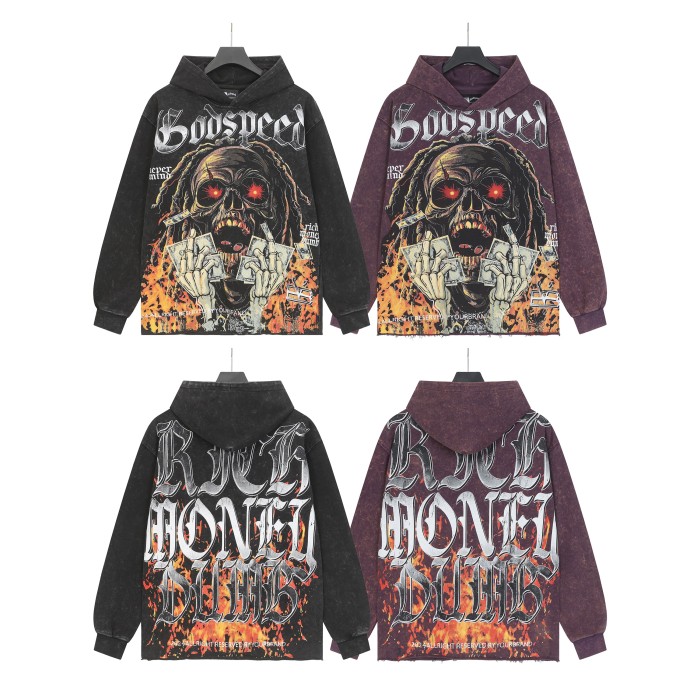 Skeleton Dollar Letter Print Washed Hoodie 2 colors 28690404