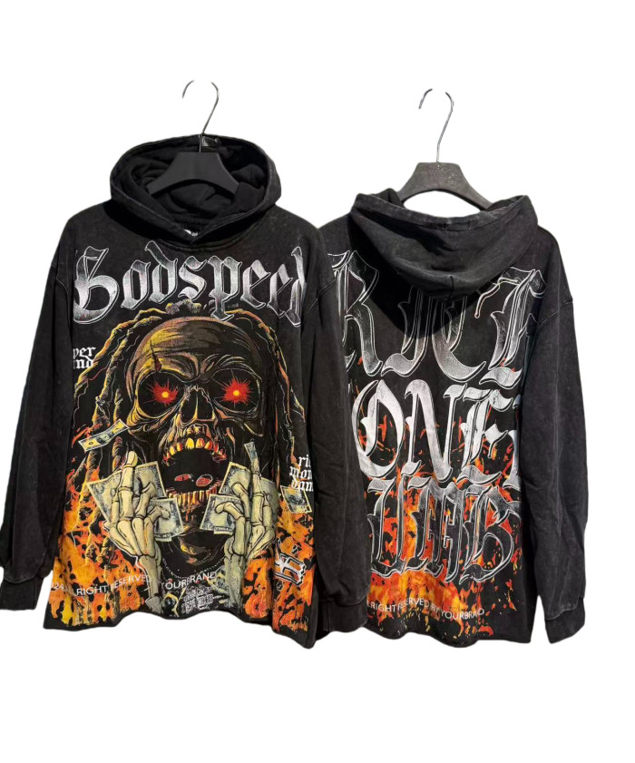 Skeleton Dollar Letter Print Washed Hoodie 2 colors 28690404