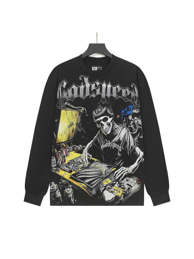 Skeleton Screen-Printed Clothing Washed Version Long Sleeve T-Shirt 2 colors 28691923