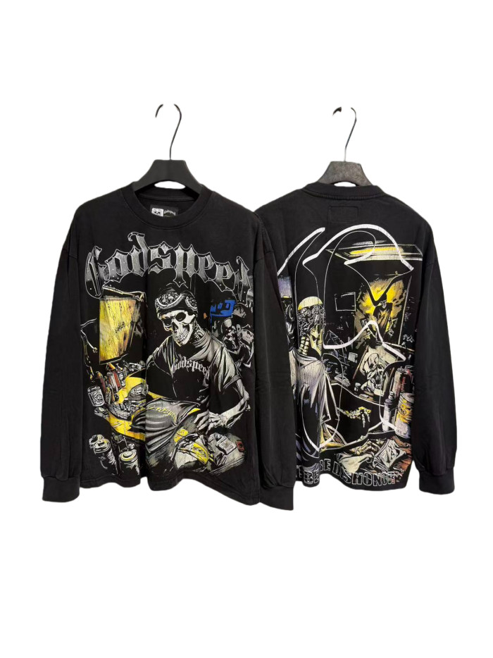 Skeleton Screen-Printed Clothing Washed Version Long Sleeve T-Shirt 2 colors 28691923