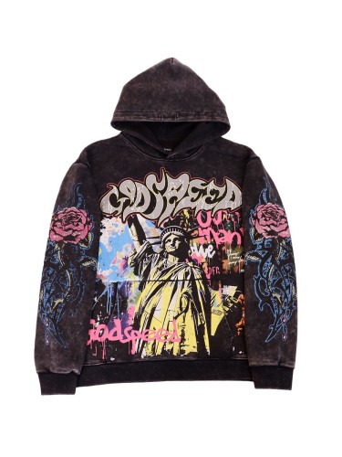 [Buy One Get One Free]Statue of Liberty Graffiti Letter Rose Print Washed Version Hoodie 2 colors 28692016