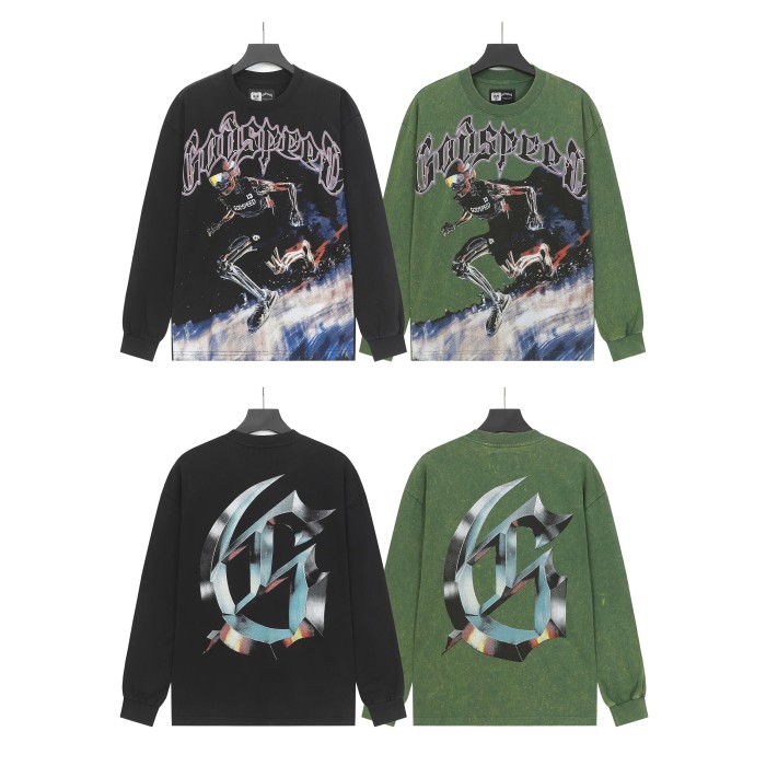 Skeleton Skate Print Washed Versiion Long Sleeve T-Shirt 2 colors 28691920