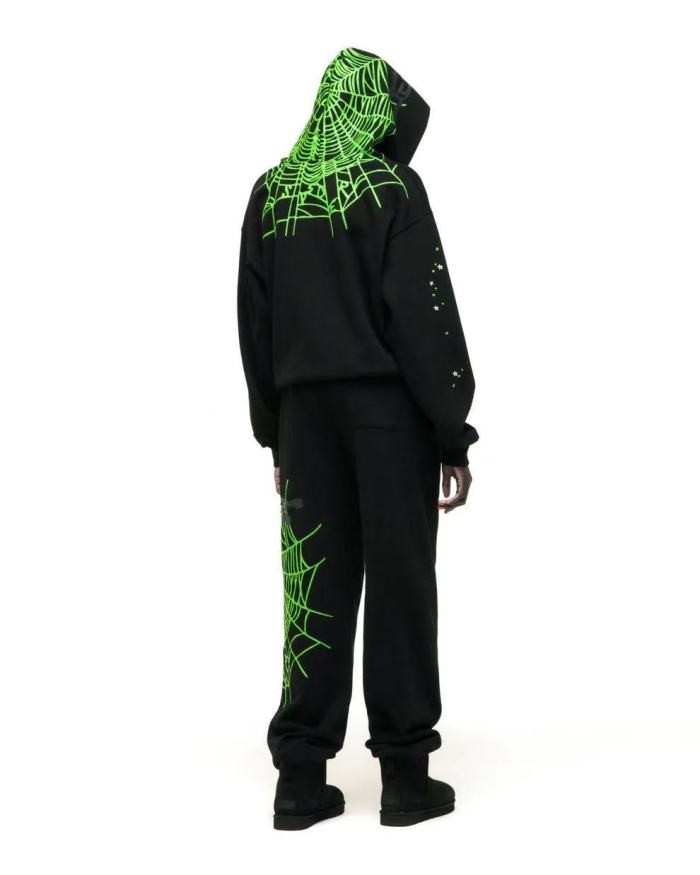 1:1 quality version Green Spider Web Printed Hoodie & Pants Set 28692914