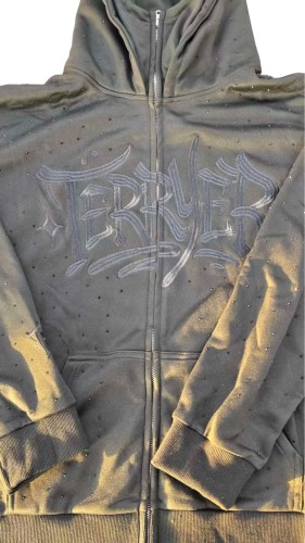 Embroidered Letter Rhinestone Zipper Hoodie balaclava 28693333