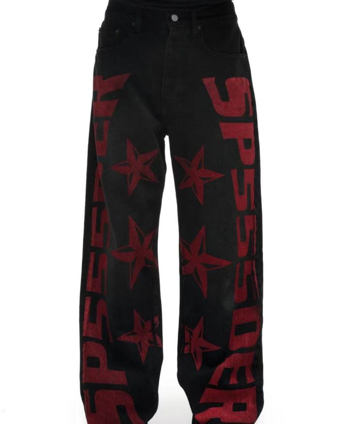 [Big & Tall for weights up to 220 lbs]1:1 quality version Red Letter Print Washed Distressed Jeans 28694085