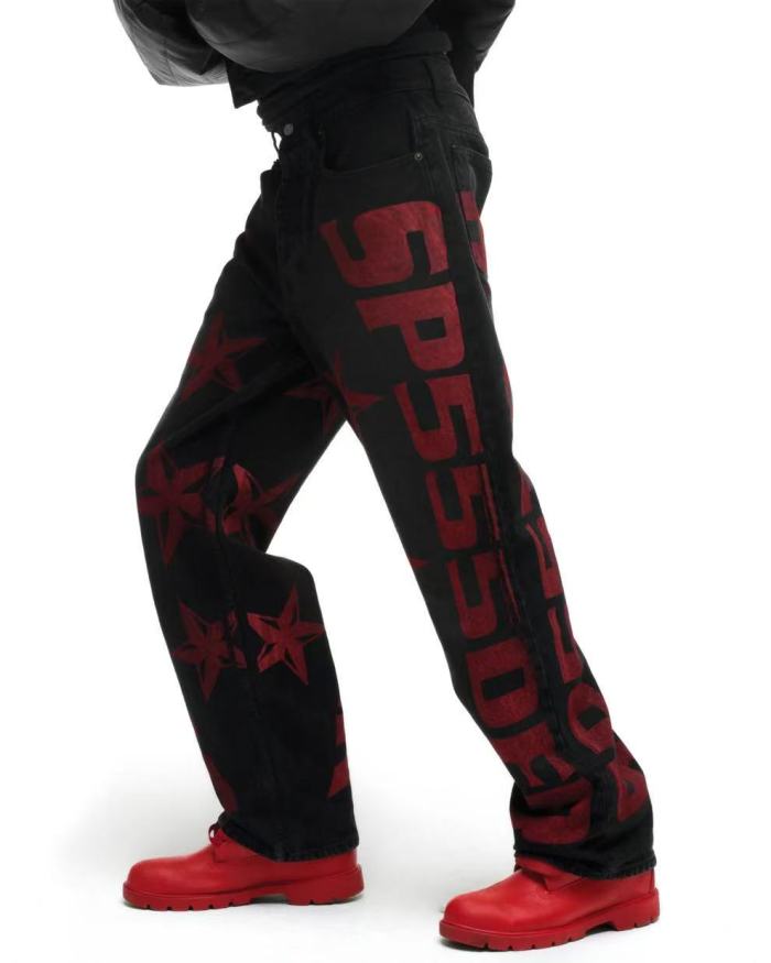 [Big & Tall for weights up to 220 lbs]1:1 quality version Red Letter Print Washed Distressed Jeans 28694085