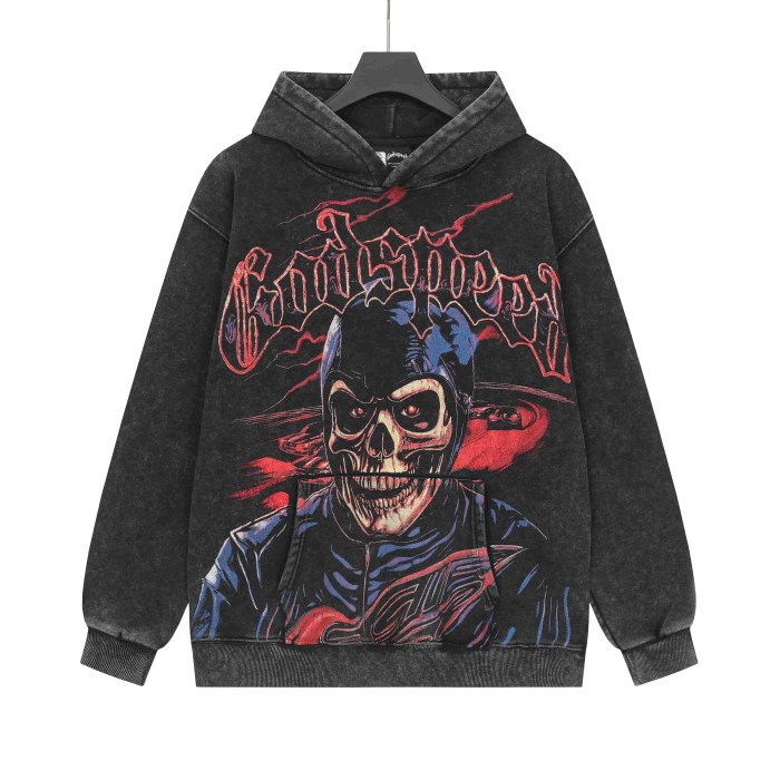 Black Cycling Suit Skull Print Washed Hoodie 2 colors 28696537