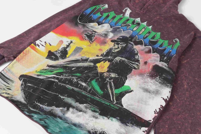 Dusk Skeleton Rowing Boat Print Washed Hoodie 28696541