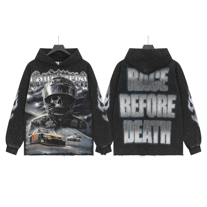 Skeleton Black Knight Print Washed Hoodie 28696540