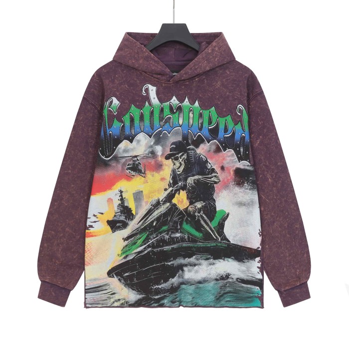 Dusk Skeleton Rowing Boat Print Washed Hoodie 28696541