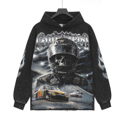 [Buy One Get One Free]Skeleton Black Knight Print Washed Hoodie 28696540