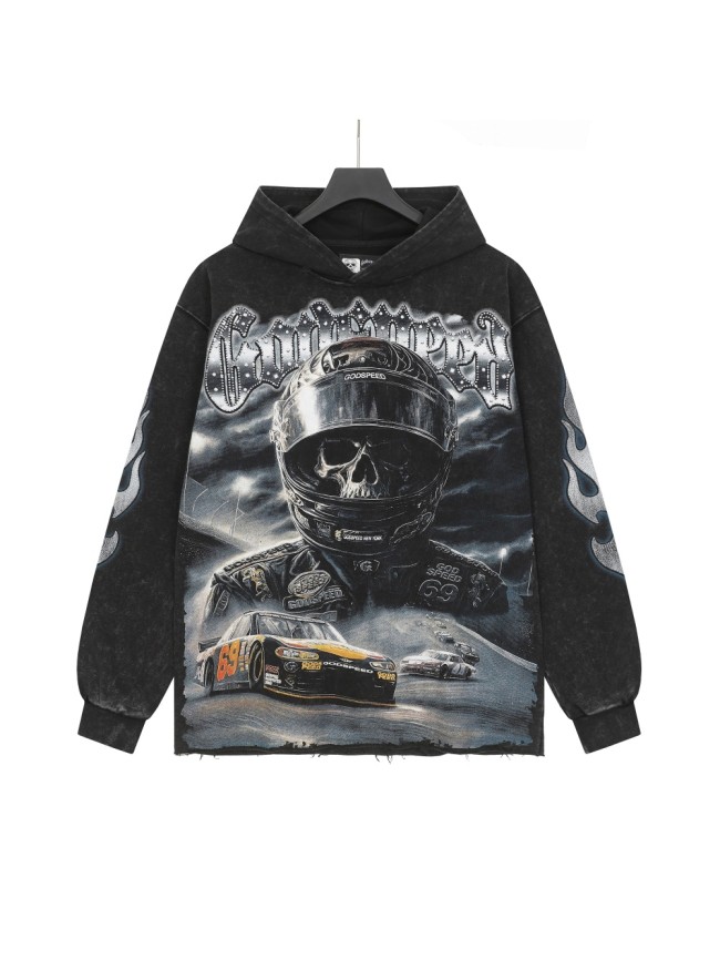 Skeleton Black Knight Print Washed Hoodie 28696540