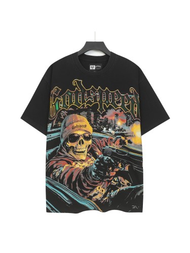 [Buy Two Get One Free]Luxury Car Skeleton Gun Print Washed Version Tee 2 colors 28696500