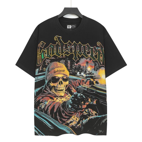 [Buy Two Get One Free]Luxury Car Skeleton Gun Print Washed Version Tee 2 colors 28696500