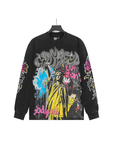 Statue of Liberty Graffiti Letter Print Washed Version Long Sleeve T-Shirt 3 colors 28702248