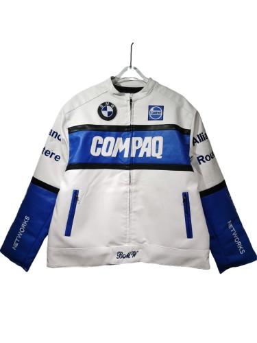 Blue and White Patterned COMPAQ Embroidered Leather Jacket 28702274